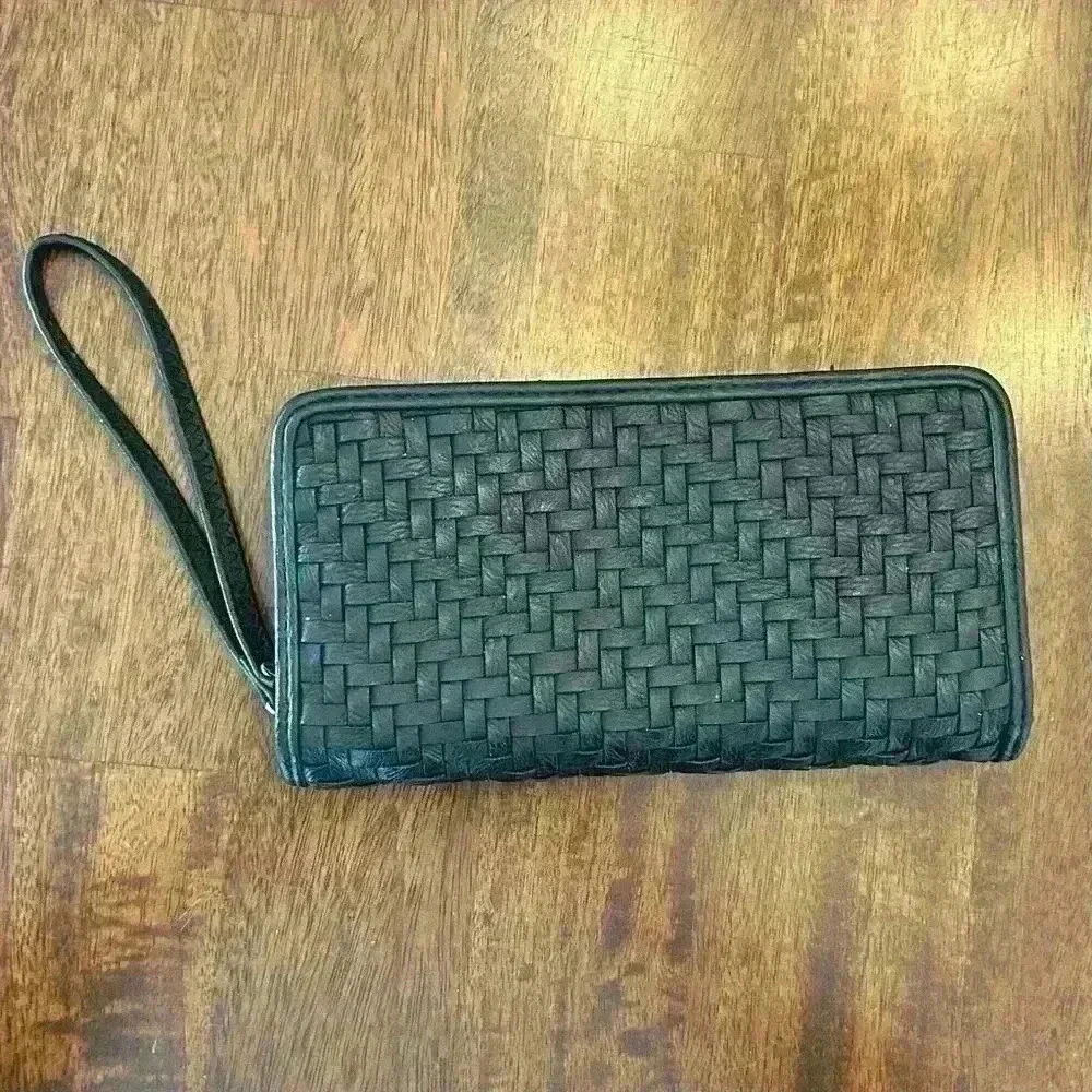 Madison West Wristlet Wallet Black Woven Faux Leather Clutch